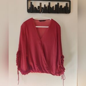 Zara Crimson Wrap Blouse with Gathered Sleeves